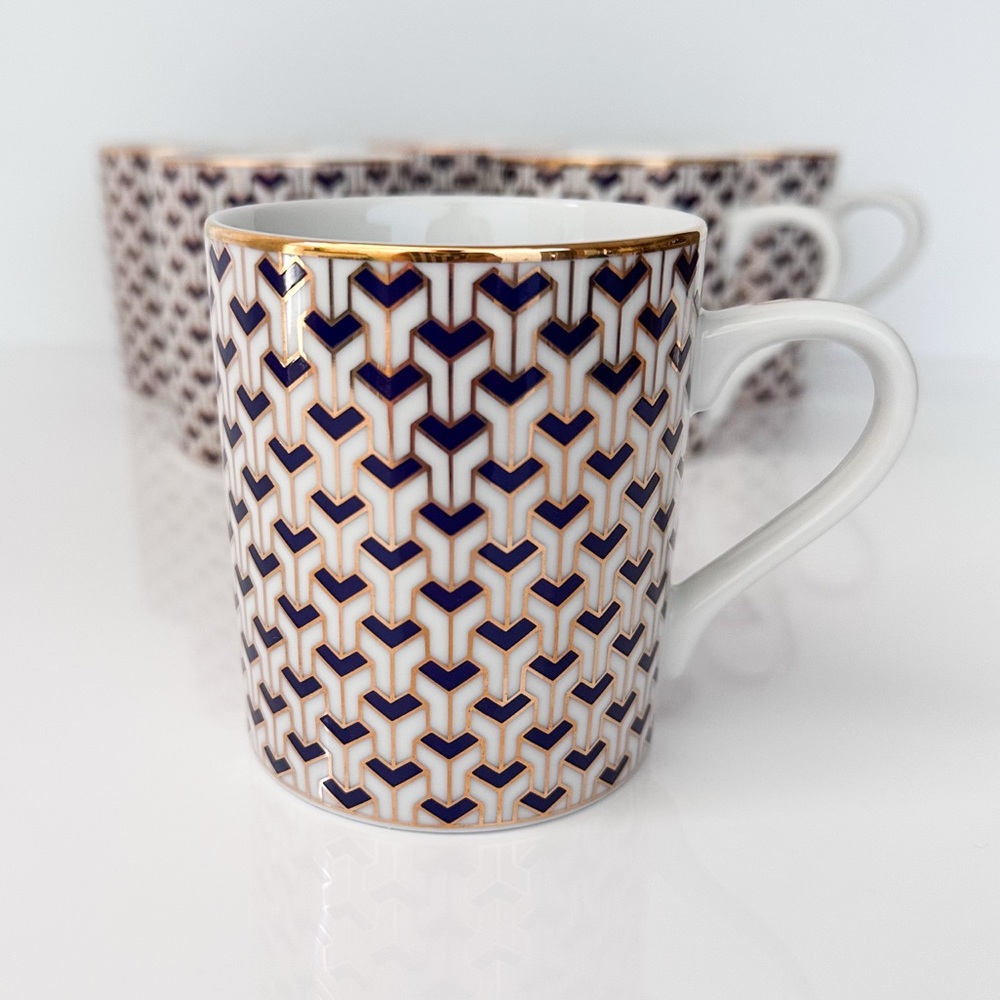 Tiffany & Co. White Mug with Blue and Gold Geometric Pattern